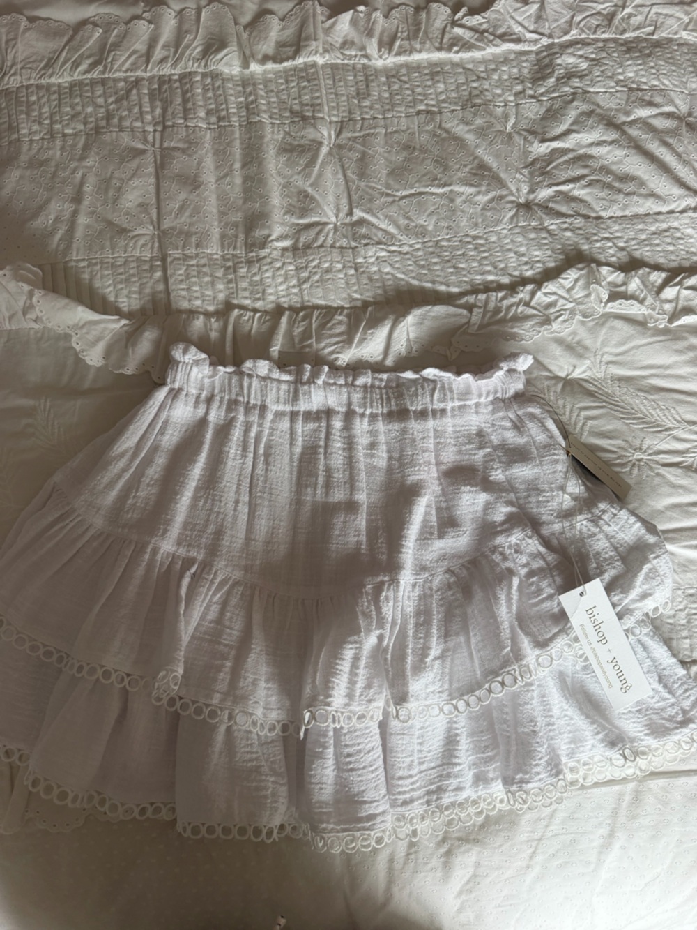 bishop + young White Tiered Ruffle Mini Skirt